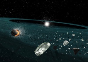 HD 15407A を取り巻く塵の想像図。© University of Tokyo/National Astronomical Observatory of Japan HD 15407A を取り巻く塵の想像図。石英質を豊富に含む塵が、中心の恒星から1天文単位程度離れた場所に存在していると考えられます。© University of Tokyo/National Astronomical Observatory of Japan