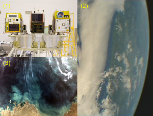 © 2014 The University of Tokyo / HODOYOSHI-3&4 Project. (1)ほどよし3号(左)と4号(右)、(2)ほどよし4号で撮像した最初の広角カメラ画像、(3)ほどよし3号で撮像した200m分解能画像(オーストラリア北端)