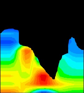 図1:浅間山の透視像。 浅間山の透視像。 図内の色彩はミュオンの平均密度を示している。赤い場所ほどミュオンの平均密度が高く、赤い箇所は噴出して固まったマグマ。 (c) 2014 田中宏幸