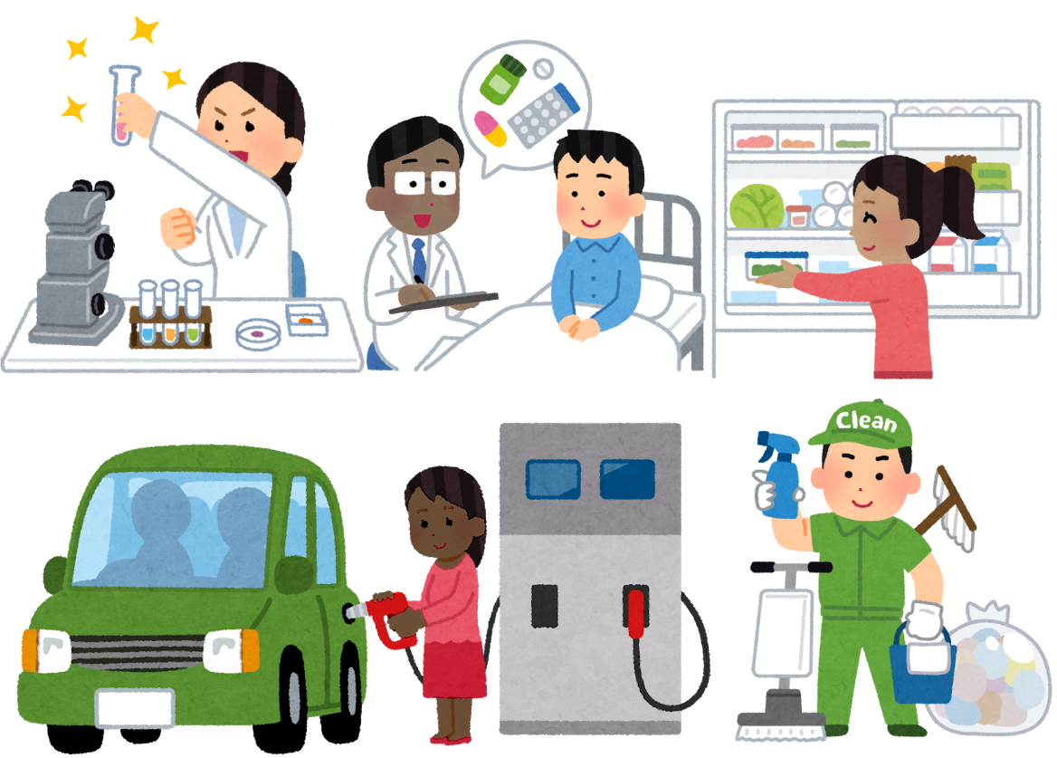 Five illustartion images, clockwise from top left... (1) A scientist sitting in a chemistry lab holding a test tube with an excited look on her face. (2) A doctor sitting by a patient in a hospital bed. A speech bubble from the doctor contains images of medicines. (3) Someone opening a fridge door to reveal a range of groceries. (4) A cleaner surrounded by cleaning equipment. (5) Someone filling their car up with fuel from a pump.