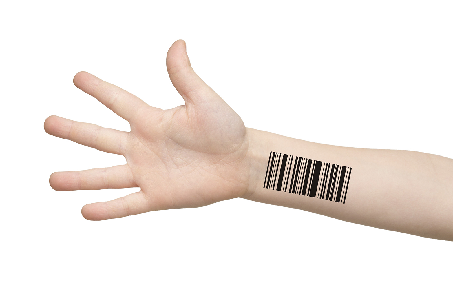 Photo of a young person's arm with a barcode printed on it, against a white background.