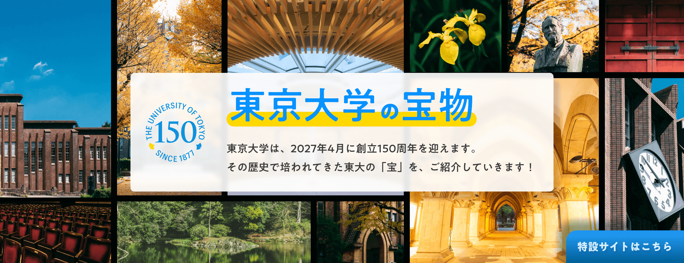 東京大学は、2027年4月に創立150周年を迎えます。その歴史で培われてきた東大の「宝」を、ご紹介していきます。詳しくはこちら>>別ウィンドウで開く