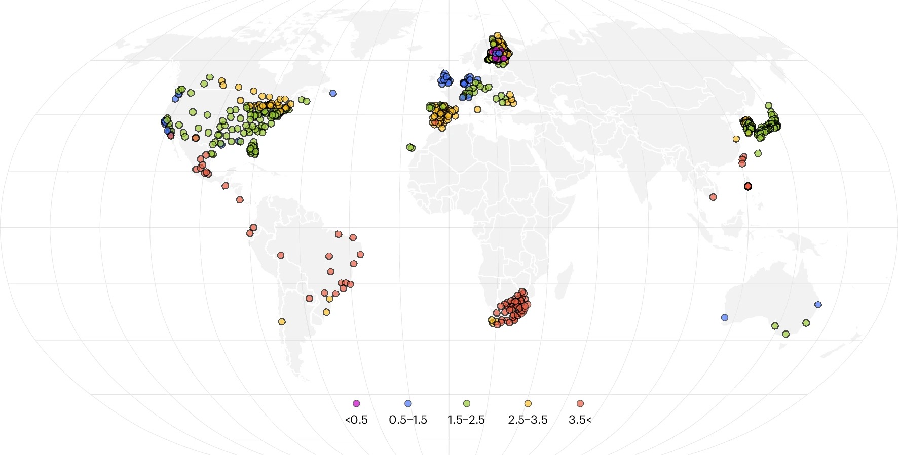 A map of the world in gray, with some colored dots in various locations